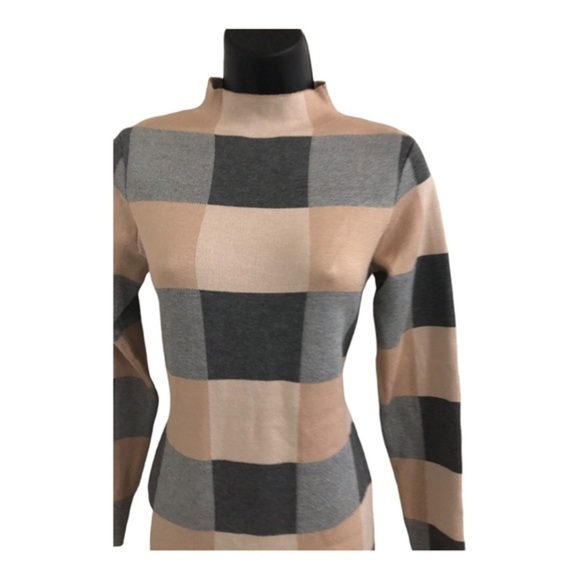 Charcoal grey tan beige checkered mock‎ neck sweater knit dress size large new - Picture 13 of 13